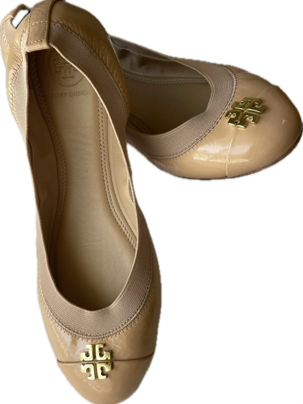 Tory Burch Nude Patent Leather Logo Ballet Flats